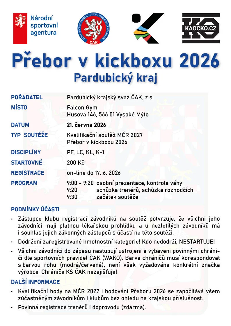 Přebor v kickboxu 2026 – 9. kolo (PF, LC, KL, K-1) – Pardubický KS
